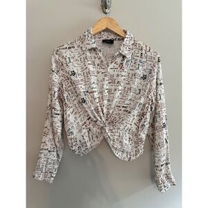 Milk & Honey Women's M‎ Button Down Top Long Sleeve Tie Front Graffiti Print